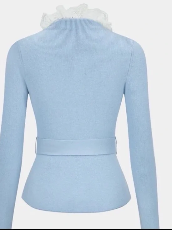 COMMENSE CASHMERE CARDIGAN KNIT LACE SWEATER BELT BLING RHINESTONE BUTTON S - Picture 3 of 11